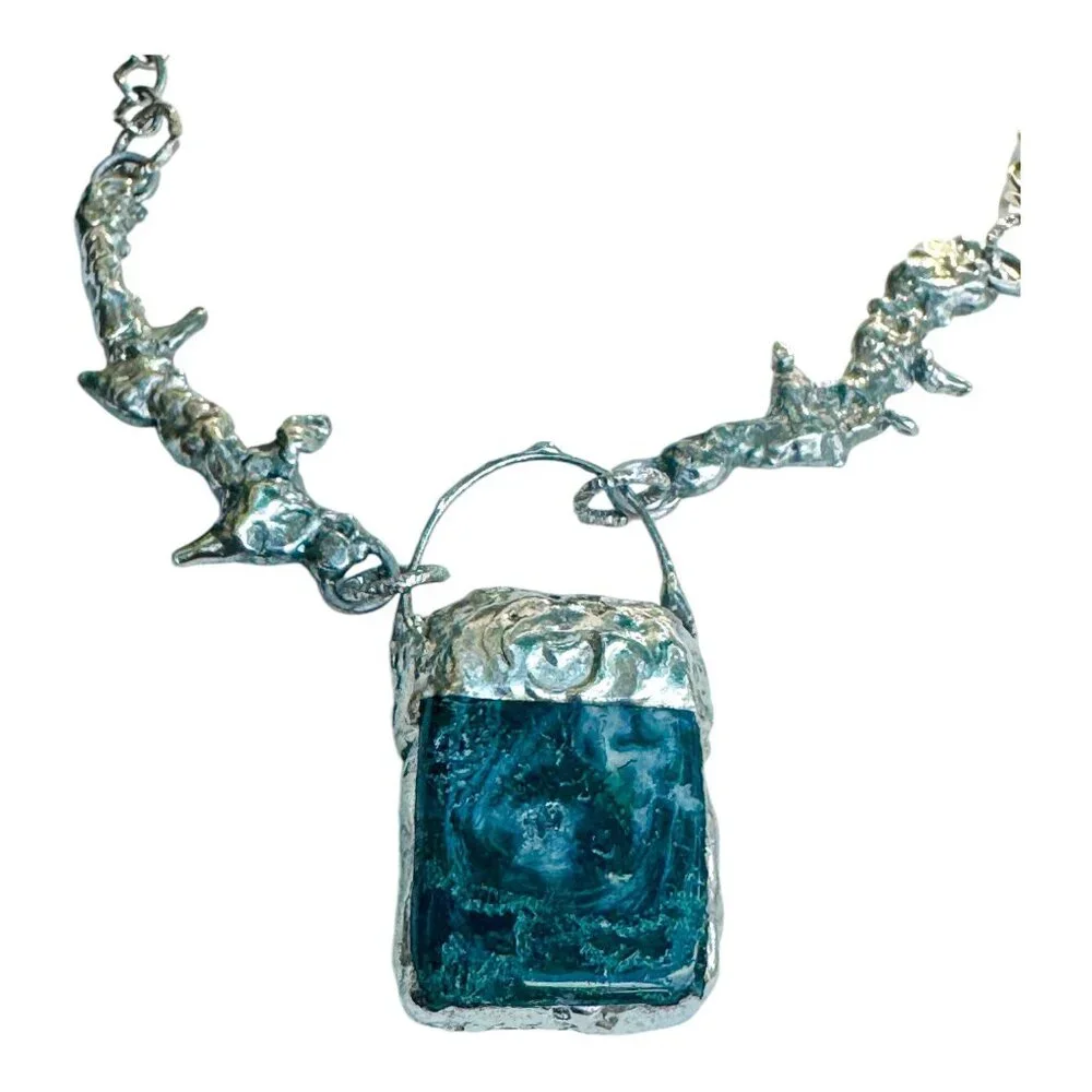 Moss Agate Pendant & Thorn Necklace Crafted w/ Silver Blend Brutalist Metalwork